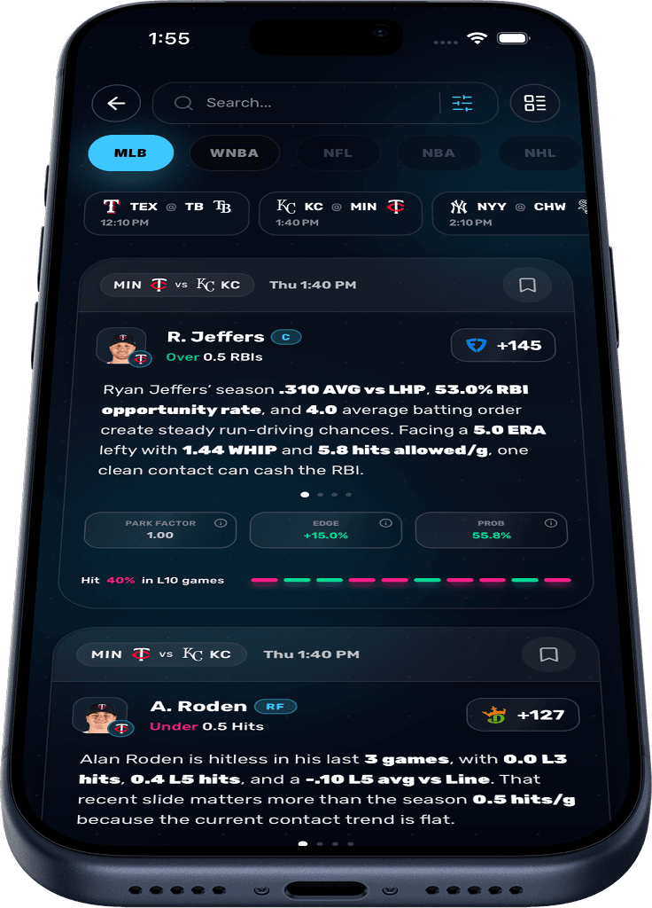RotoBot betting insights — prop edges with hit rate, park factor, and probability